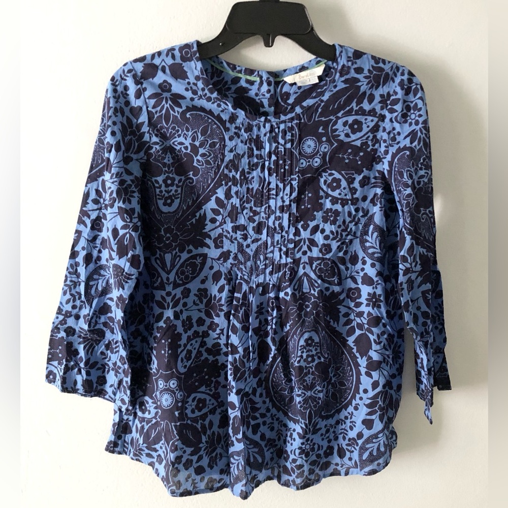 Boden Blue Floral Pintuck Cotton Blouse